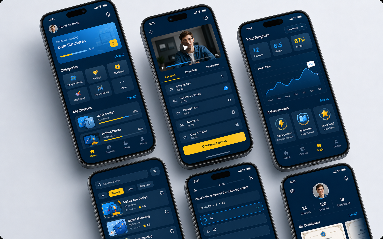 Mobile learning interfaces for courses, lessons and progress