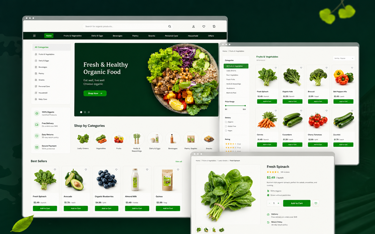 Organic grocery ecommerce website with product listings and product detail views