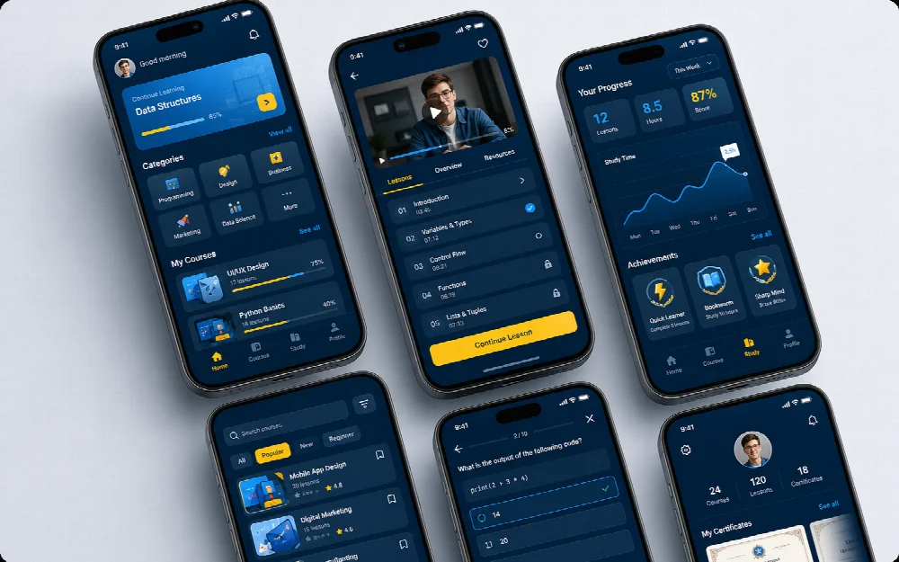 Mobile learning product design showing course discovery and lesson interfaces