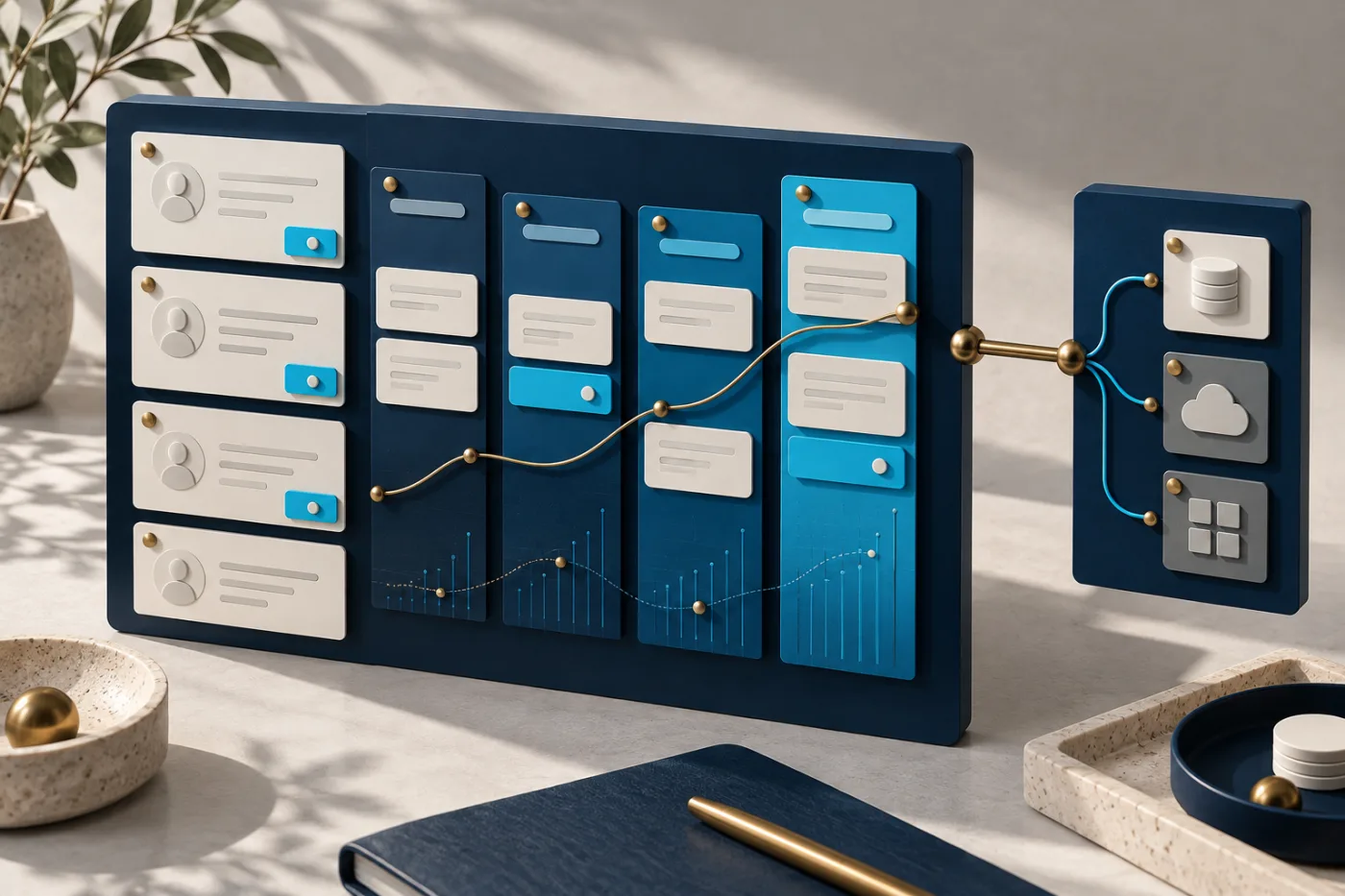 Editorial illustration of customer record cards organized across connected CRM boards.