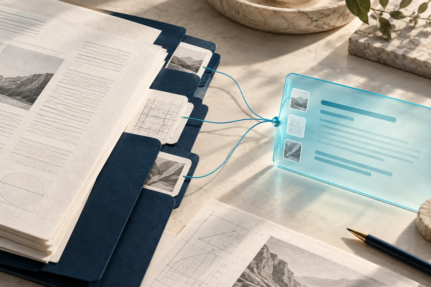 Editorial illustration of approved documents connected to a translucent answer panel.
